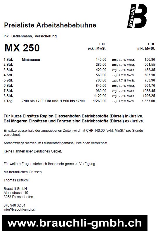 Preisliste Hebebuehne MX 250_Brauchli GmbH